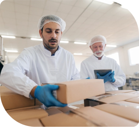 Twee mannen in laboratoriumjassen en handschoenen inspecteren voedselboxen voor kwaliteitscontrole
